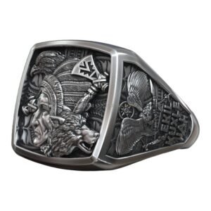 Men's sterling silver native american signet ring warrior wolf eagle