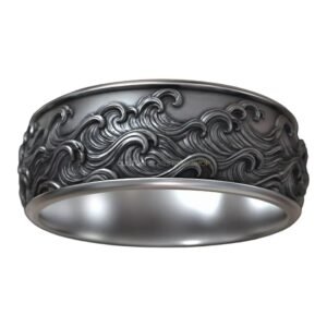 Sterling silver ocean wave wedding band with continuous engraved sea pattern