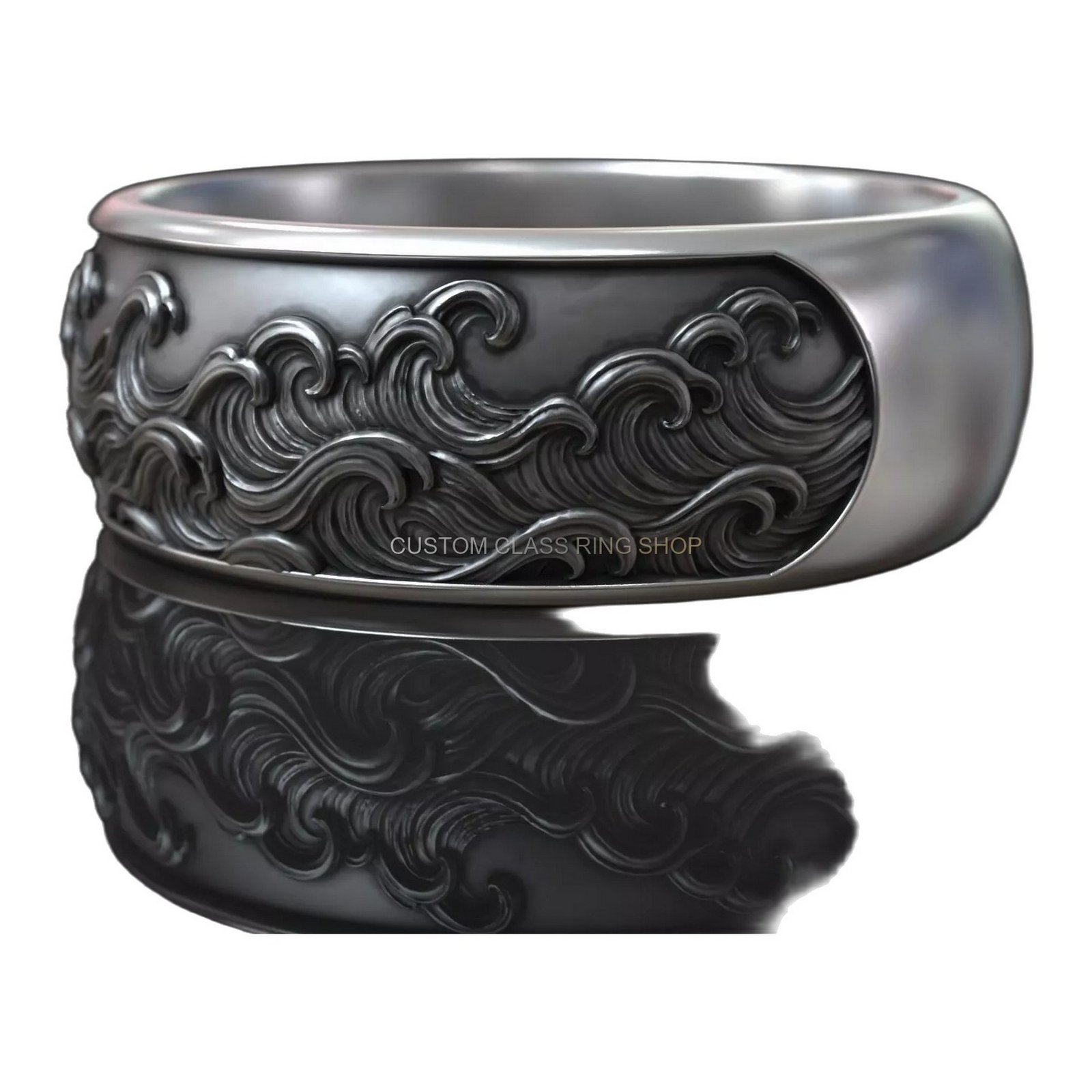 Sterling silver ocean wave wedding band, side profile angled view
