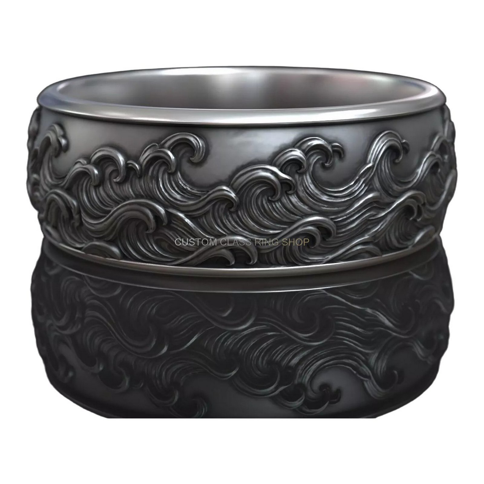 Sterling silver ocean wave wedding band, tilted band perspective view