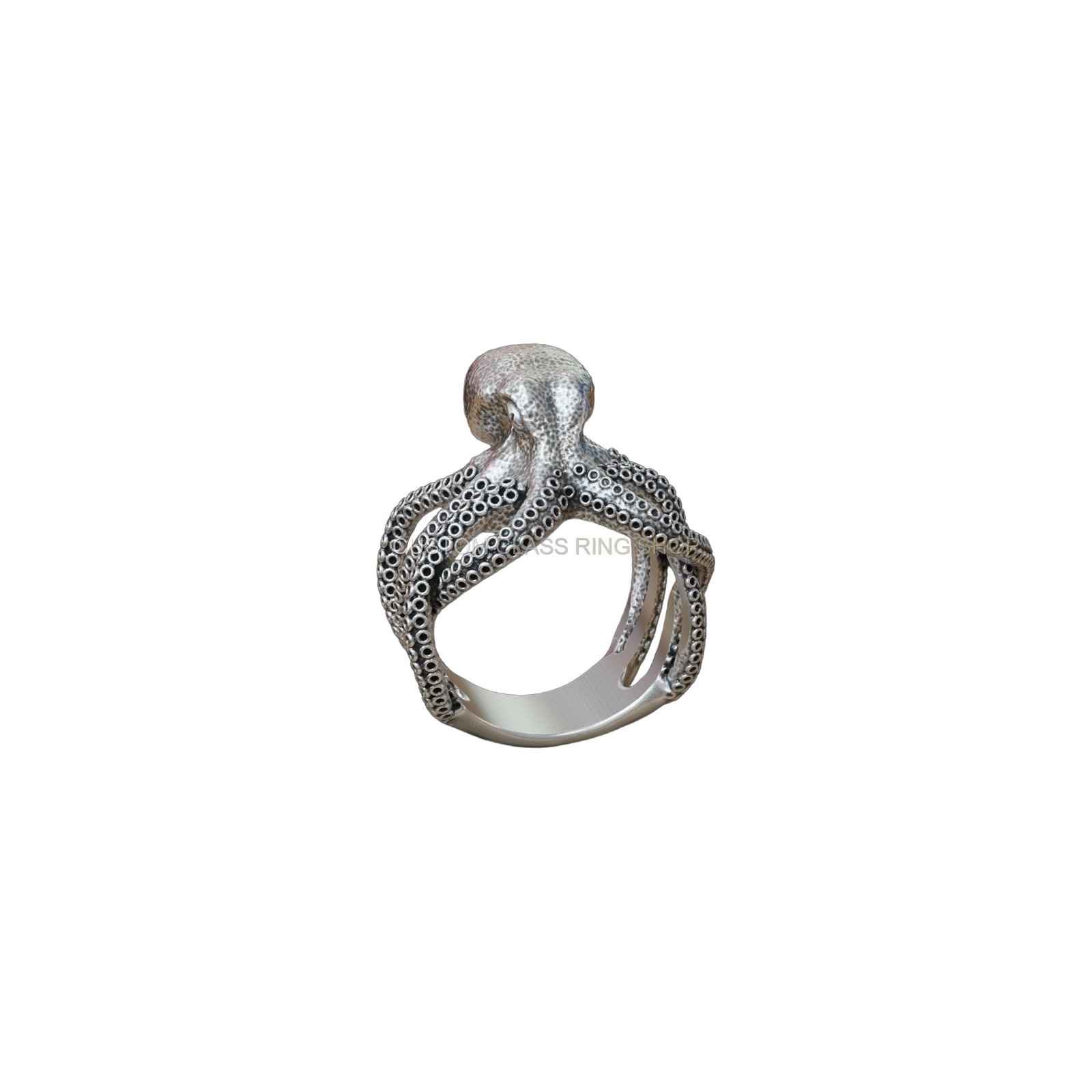 Sterling silver octopus tentacle ring, side profile with tentacles