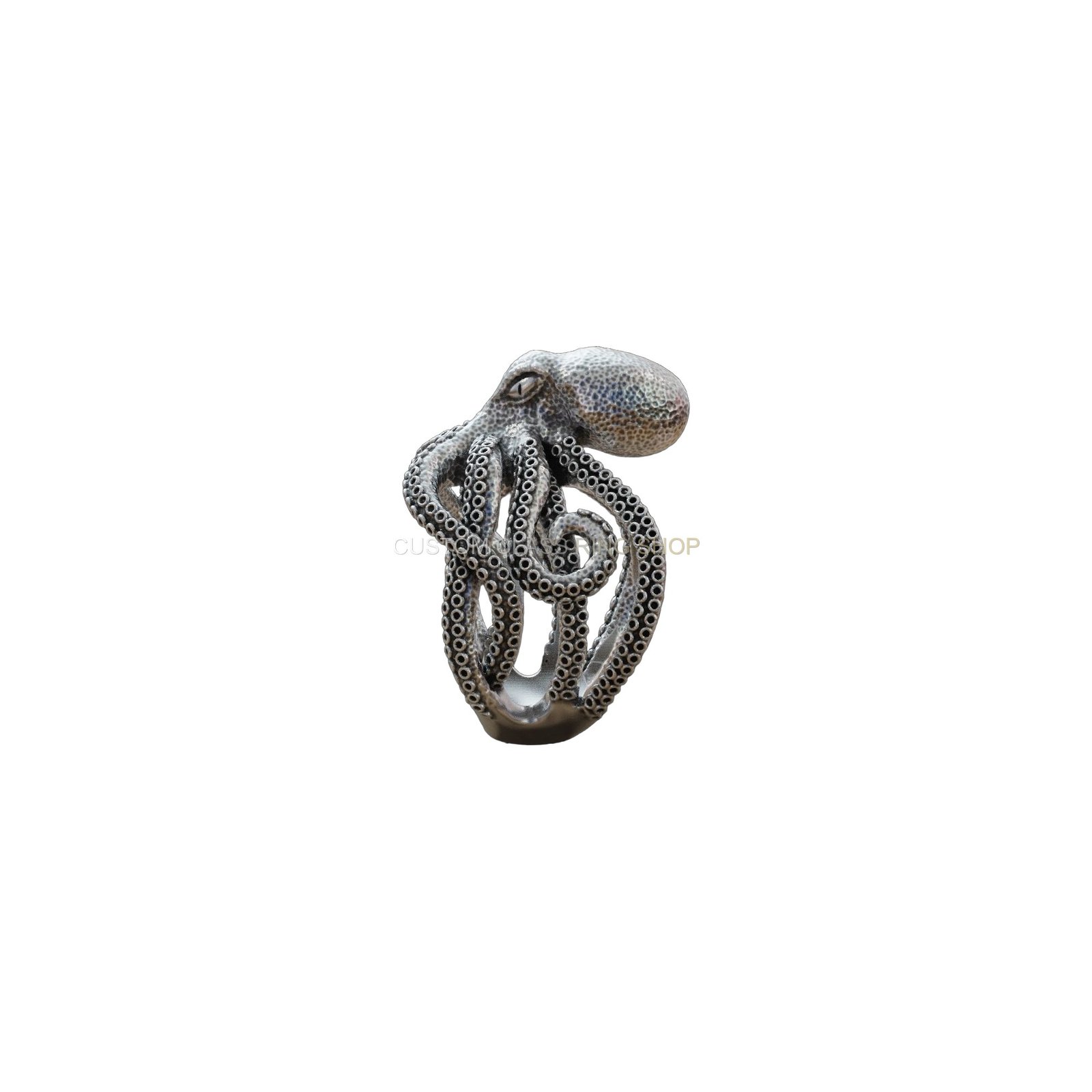 Sterling silver octopus tentacle ring, angled side detail