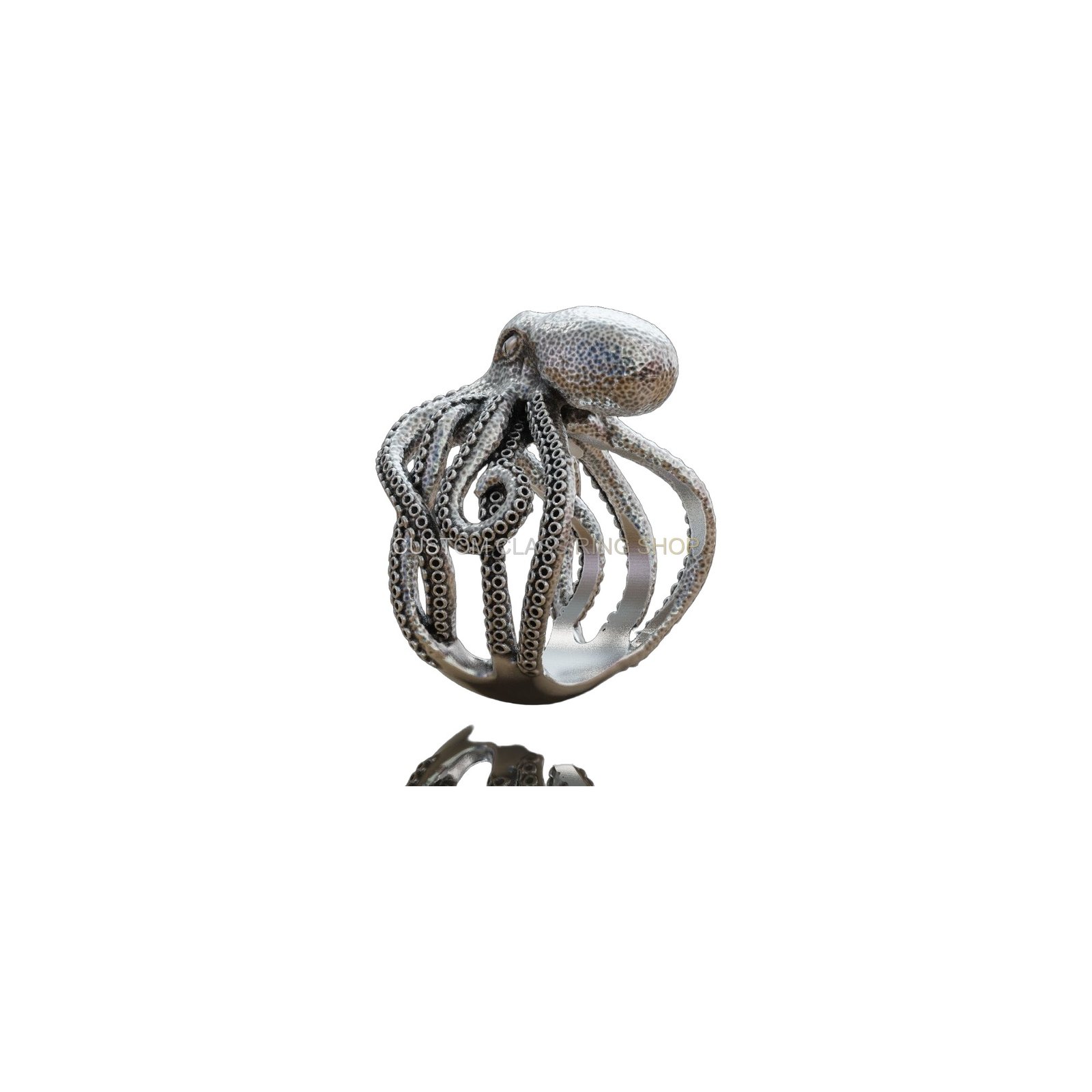 Sterling silver octopus tentacle ring, sculptural three-quarter angle