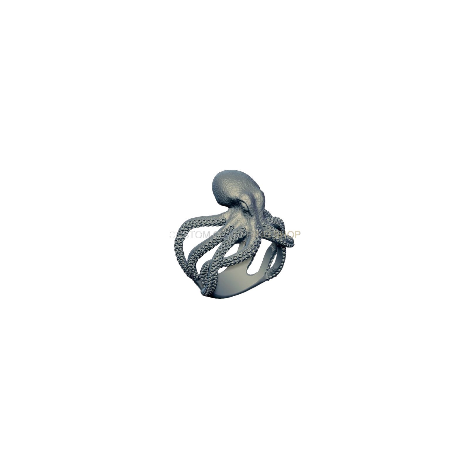 Sterling silver octopus tentacle ring, side band and tentacle view