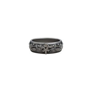 Oriental landscape sterling silver statement ring with engraved hieroglyph
