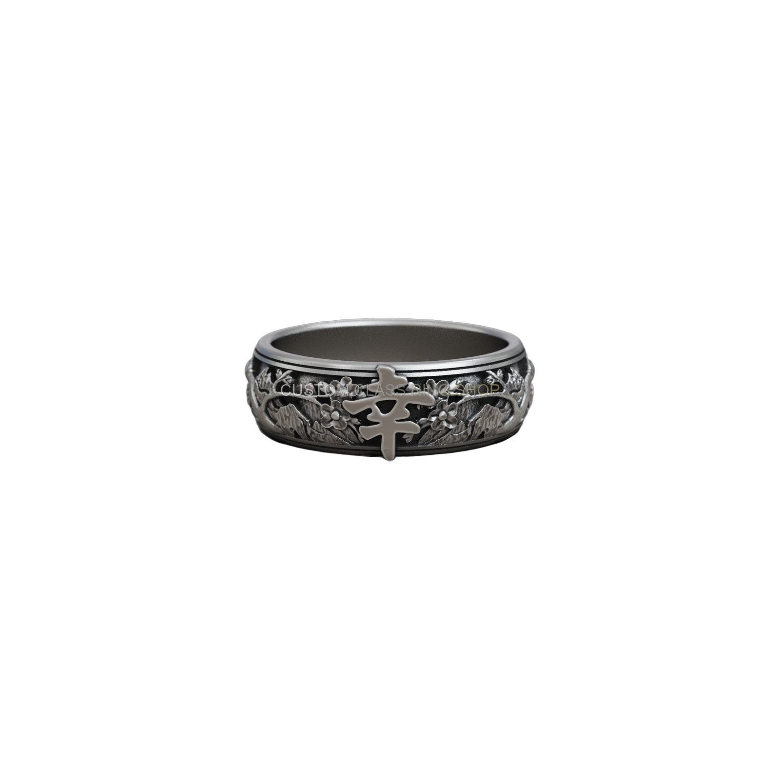 Oriental landscape sterling silver statement ring with engraved hieroglyph