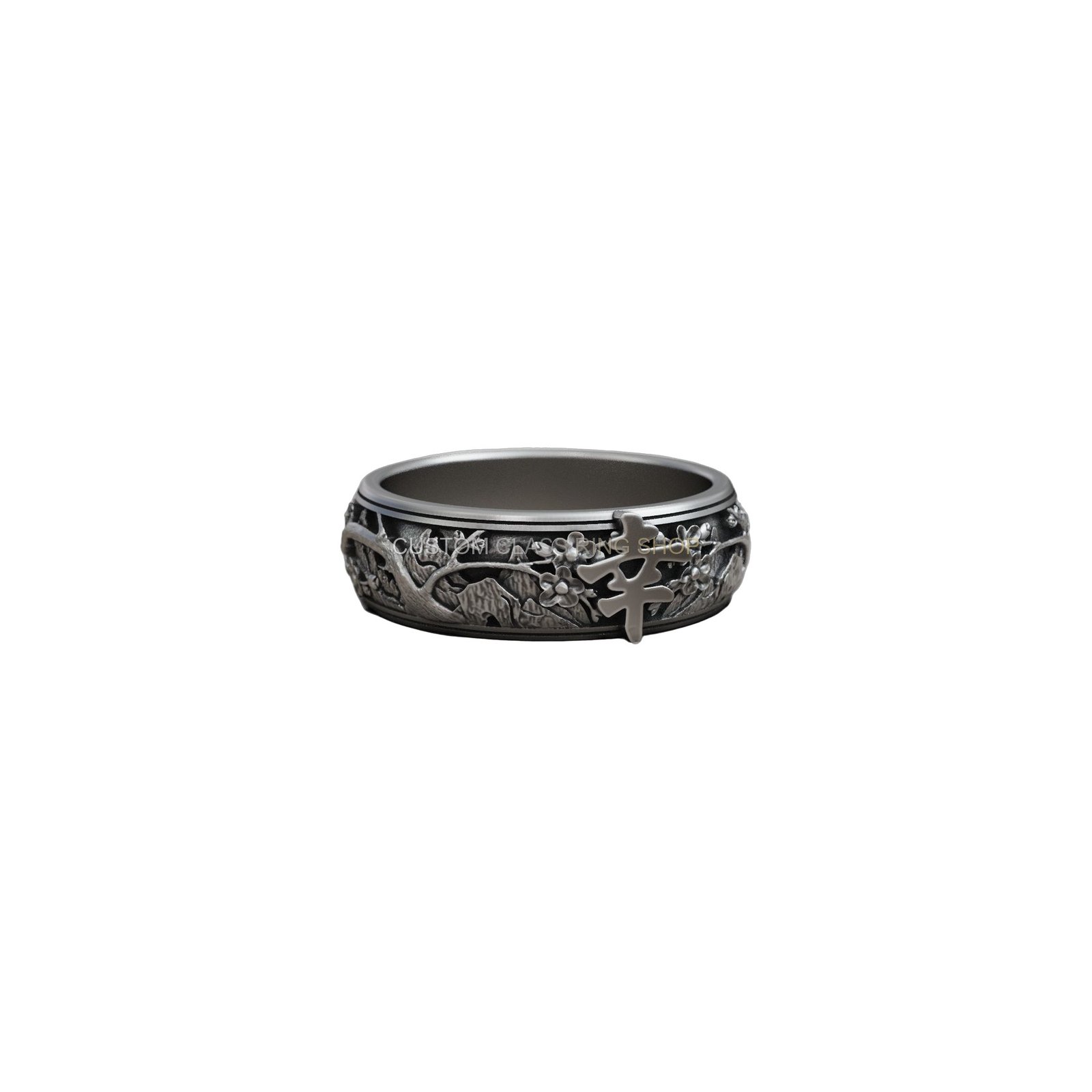 Oriental landscape sterling silver statement ring, Side profile angle