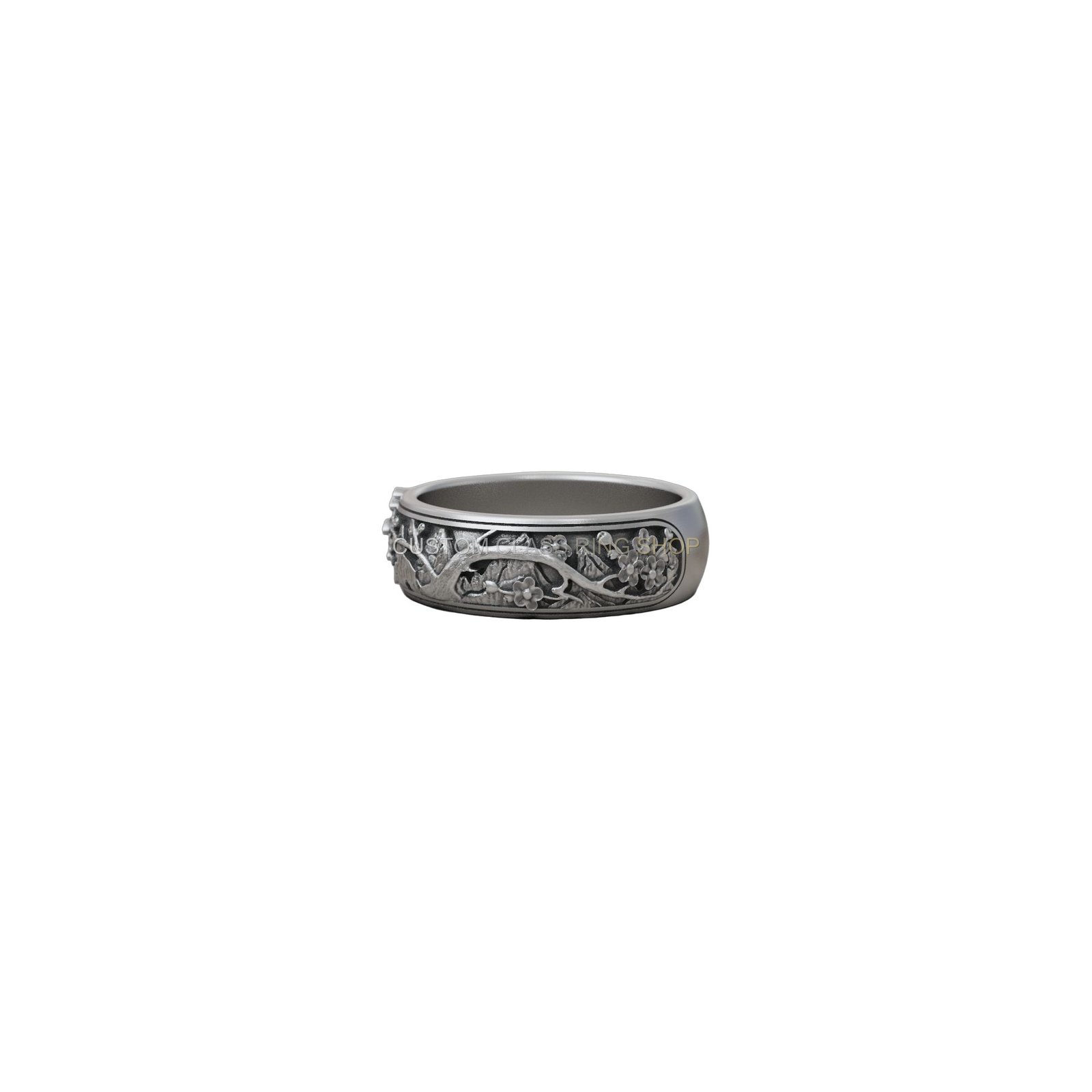 Oriental landscape sterling silver statement ring, Front flat perspective