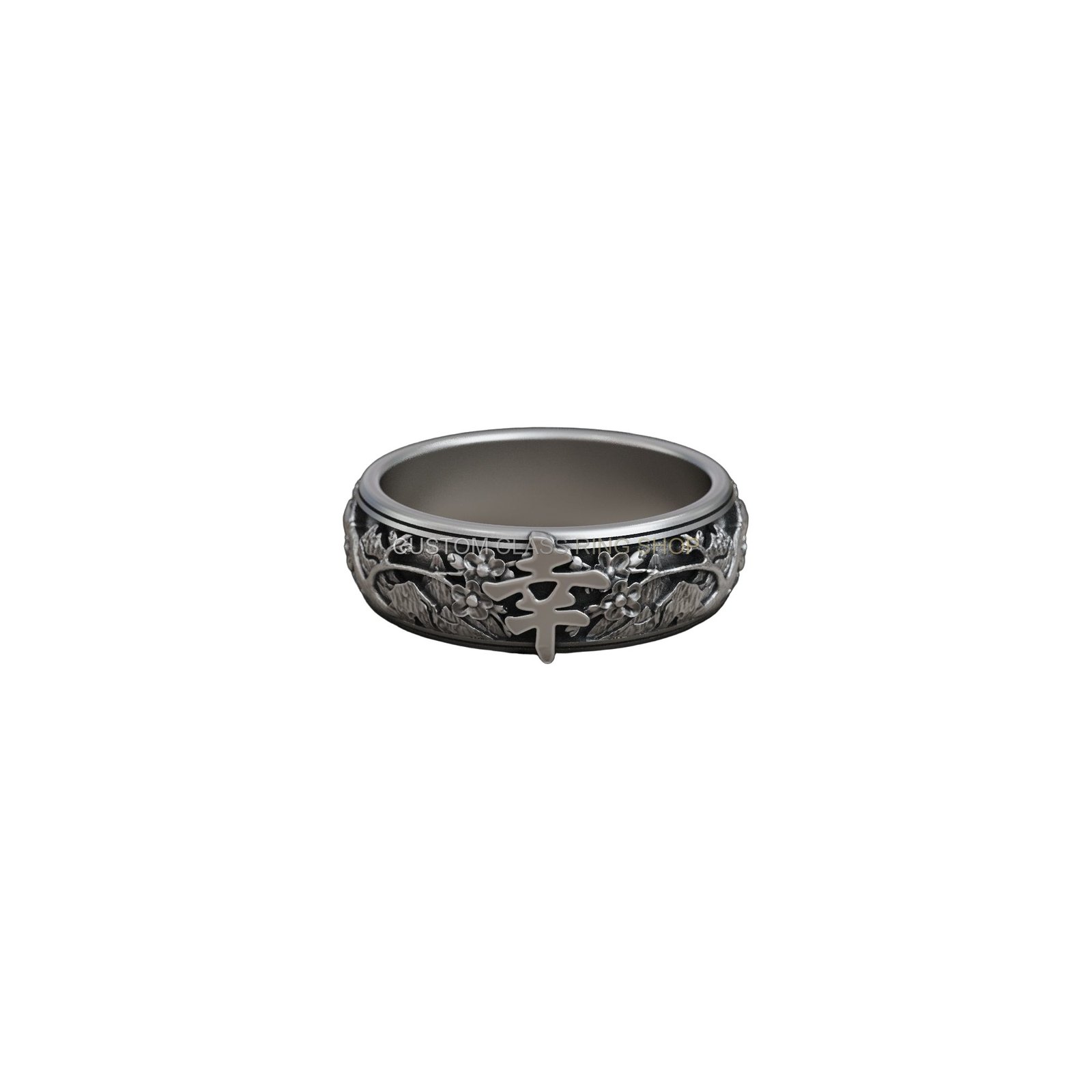 Oriental landscape sterling silver statement ring with engraved hieroglyph