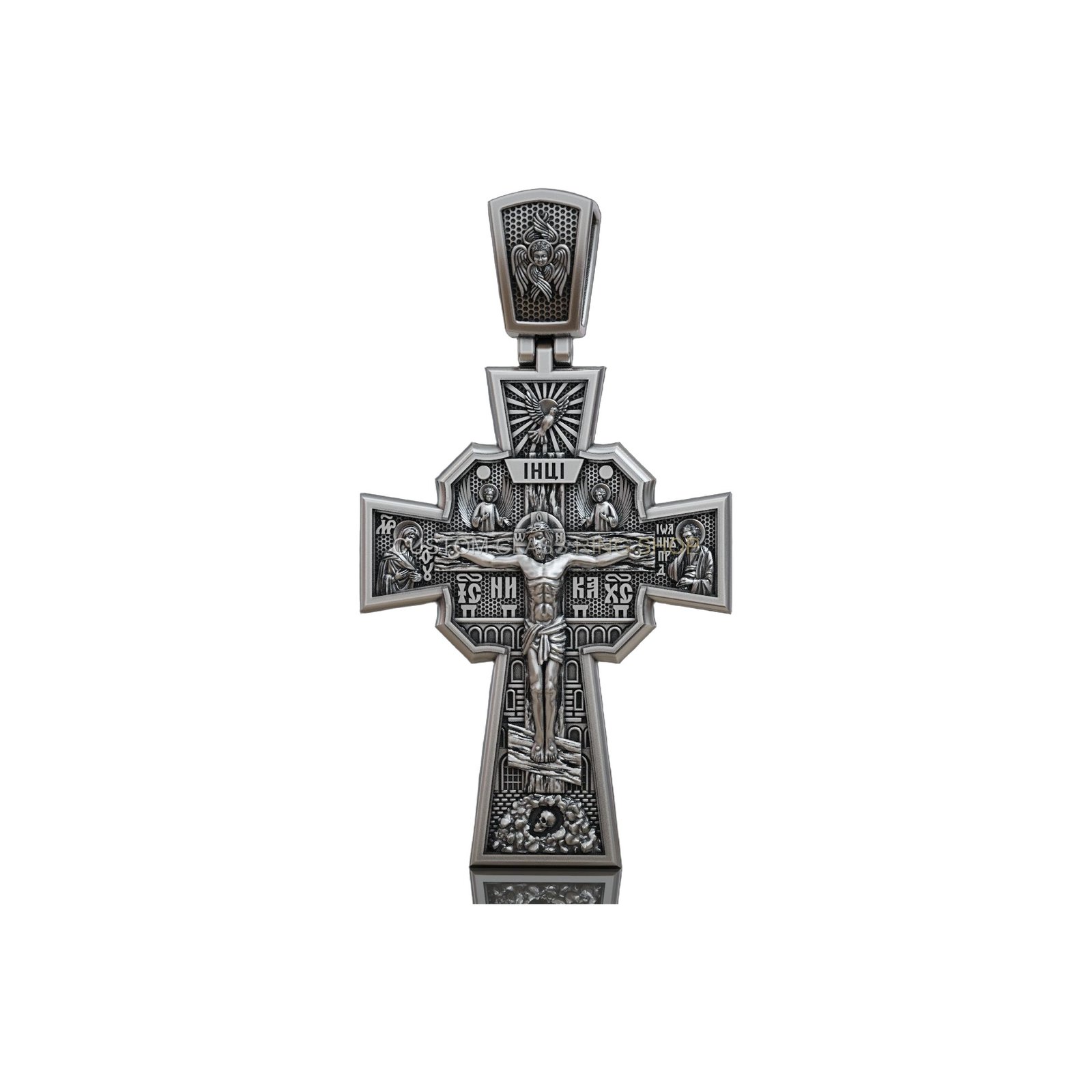 Sterling silver saints crucifixion cross pendant, front crucifix pendant with detailed saints and architecture