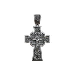 Sterling silver saints crucifixion cross pendant with octagonal frame and ecclesiastical details