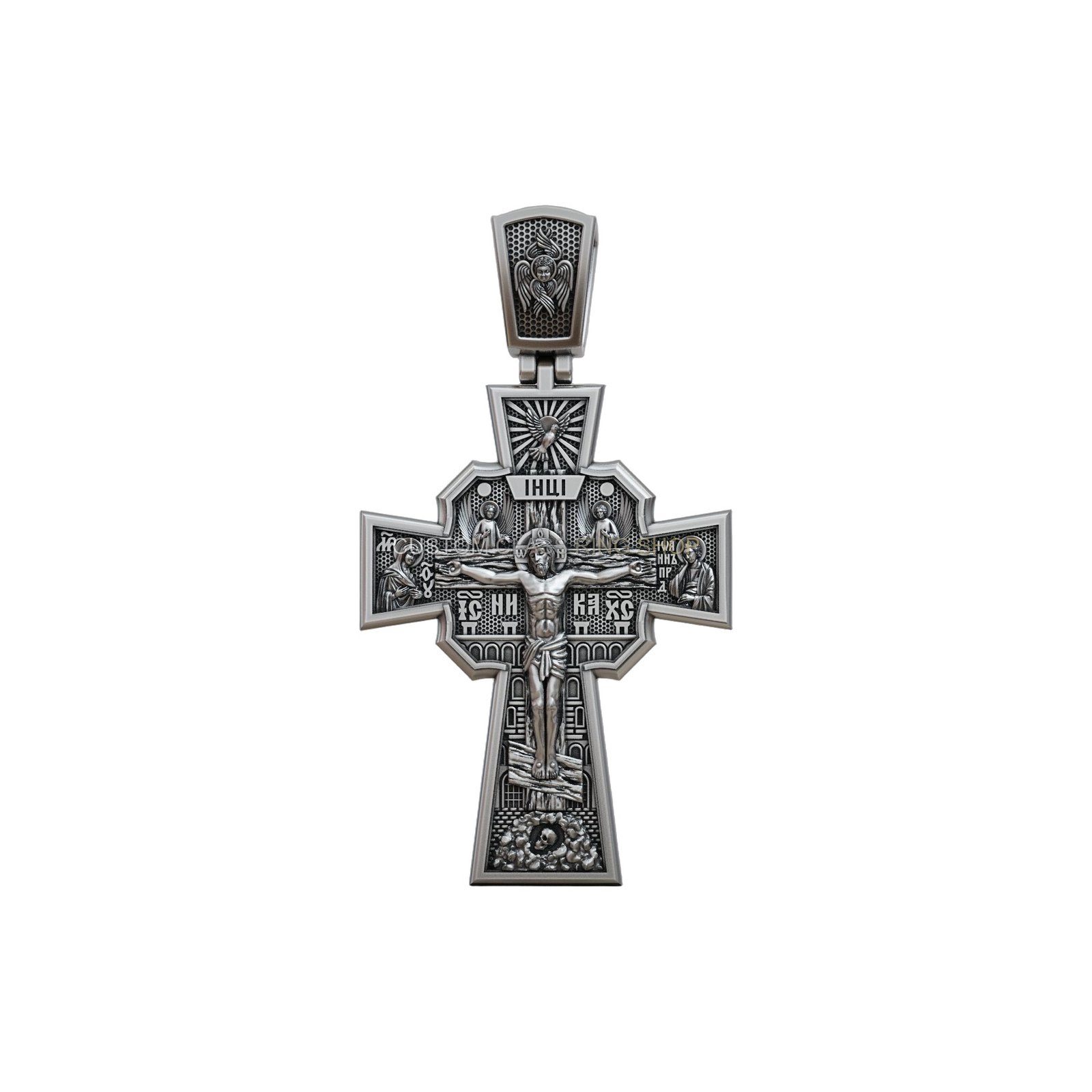 Sterling silver saints crucifixion cross pendant with octagonal frame and ecclesiastical details