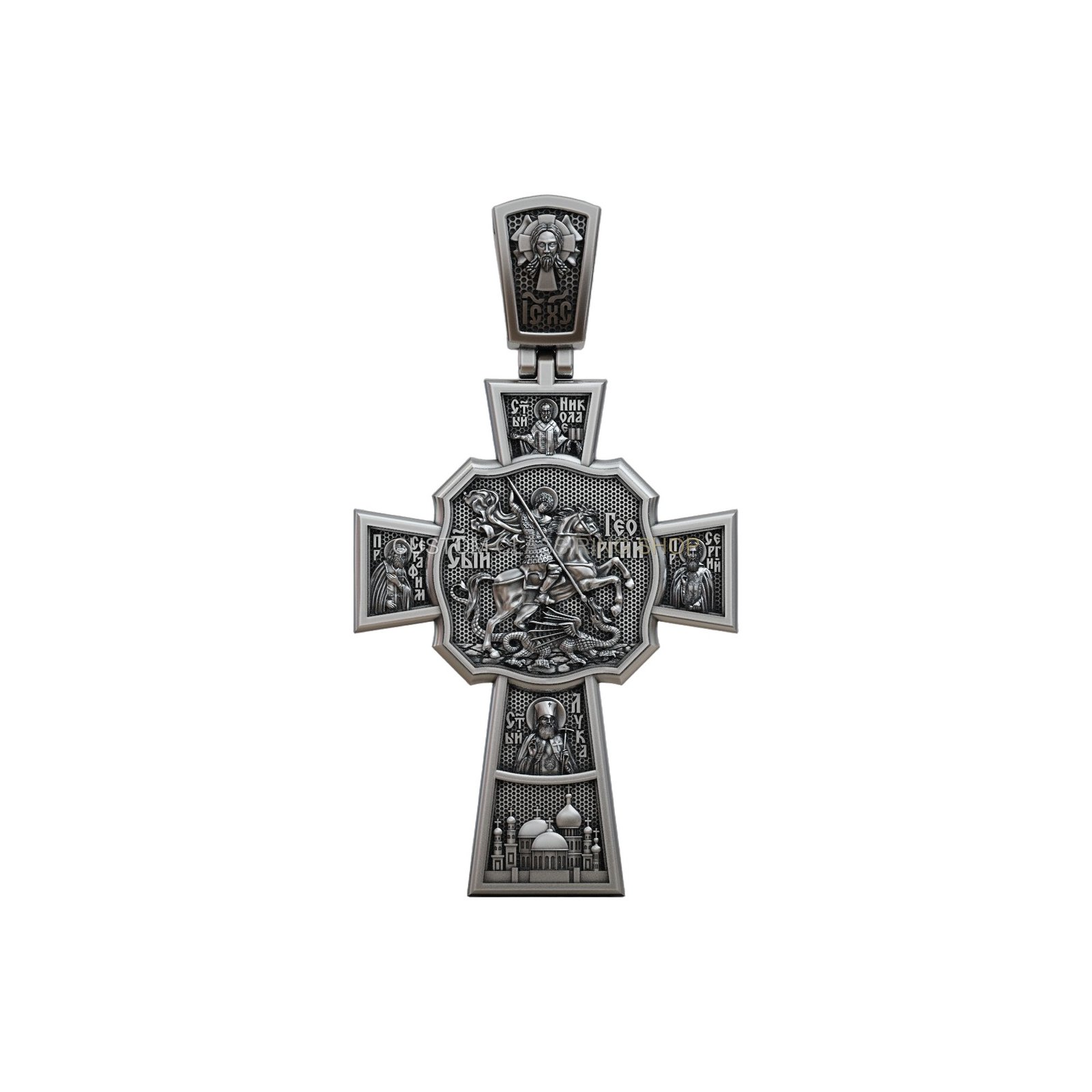 Sterling silver saints crucifixion cross pendant, detailed view showing saint george dragon slayer motif