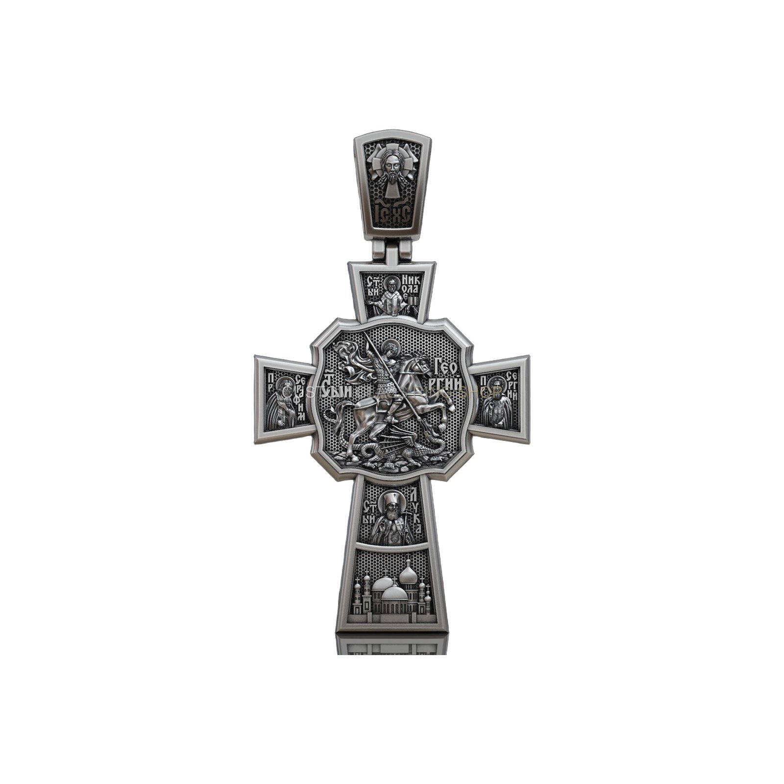 Sterling silver saints crucifixion cross pendant, angled view of complete pendant with ecclesiastical details