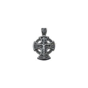 Oxidized sterling silver orthodox cross cherub pendant with saints and ornate borders