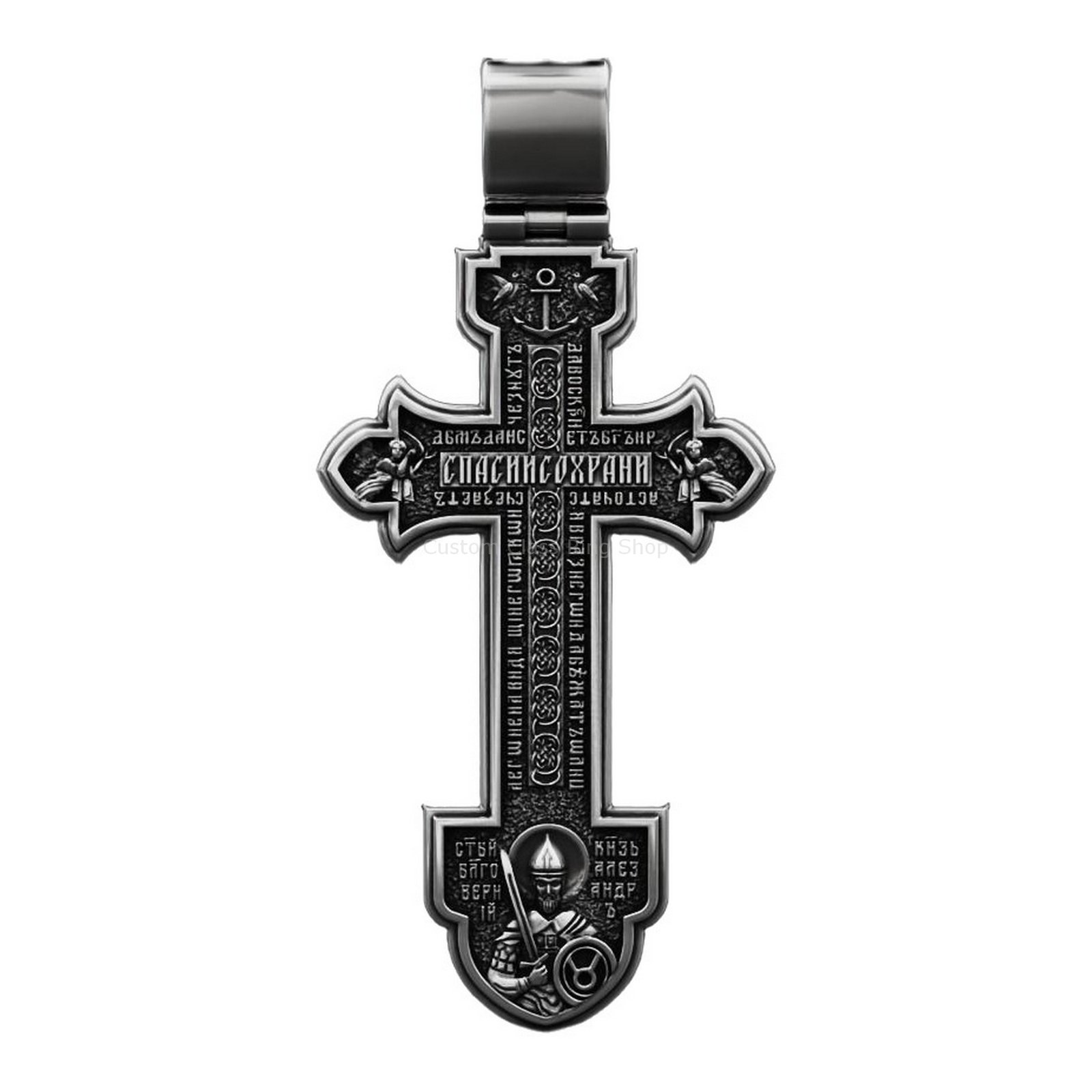Sterling silver Orthodox cross pendant, angled front view of cross pendant