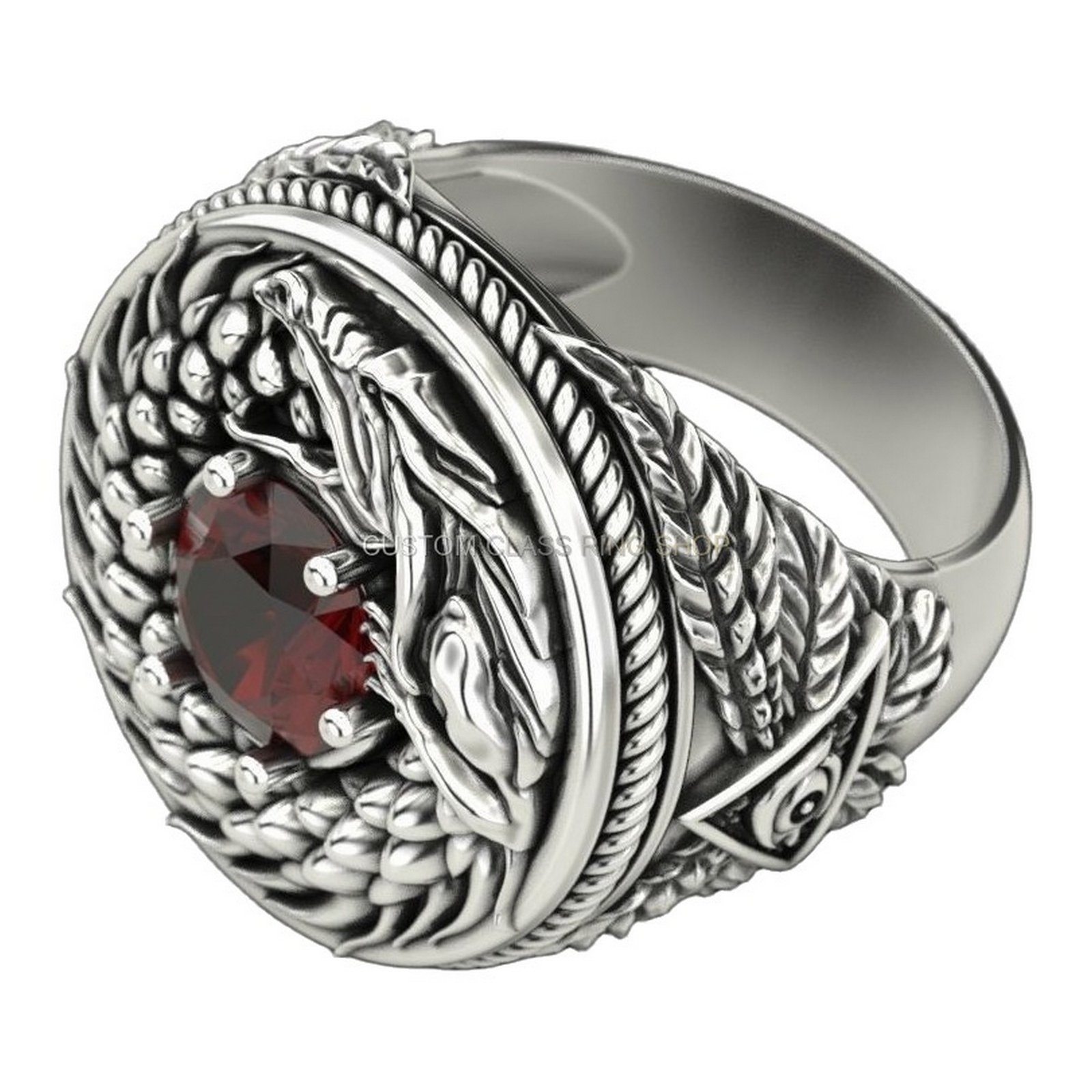 Mens sterling silver eagle wing signet ring, three-quarter angled view with stone