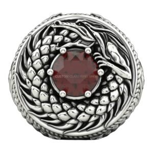 Mens sterling silver eagle wing signet ring with oxidized finish and red gemstone