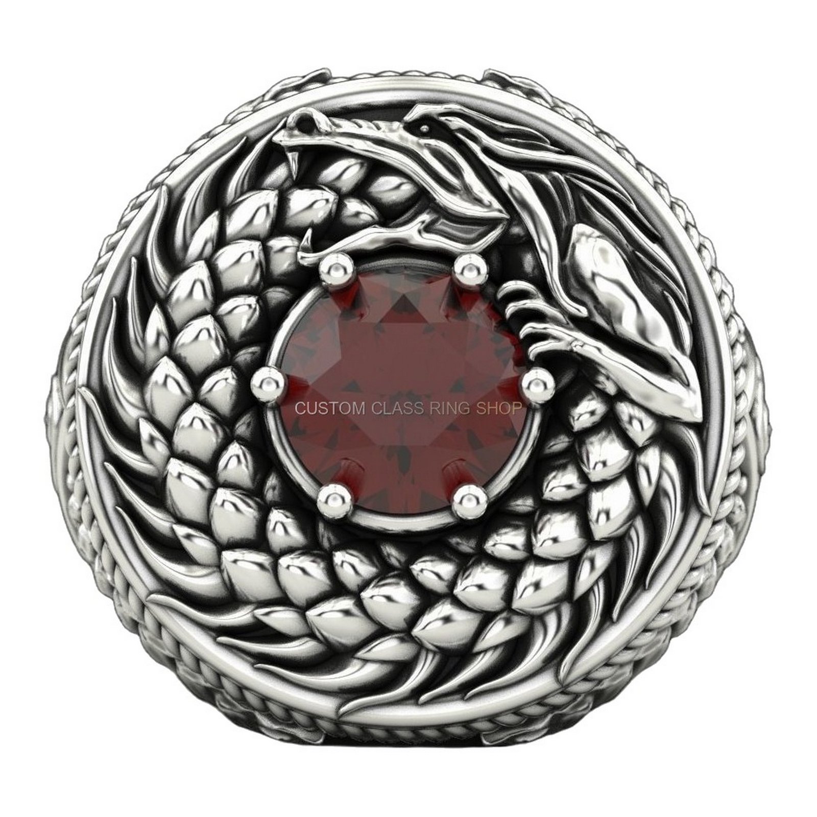 Mens sterling silver eagle wing signet ring with oxidized finish and red gemstone