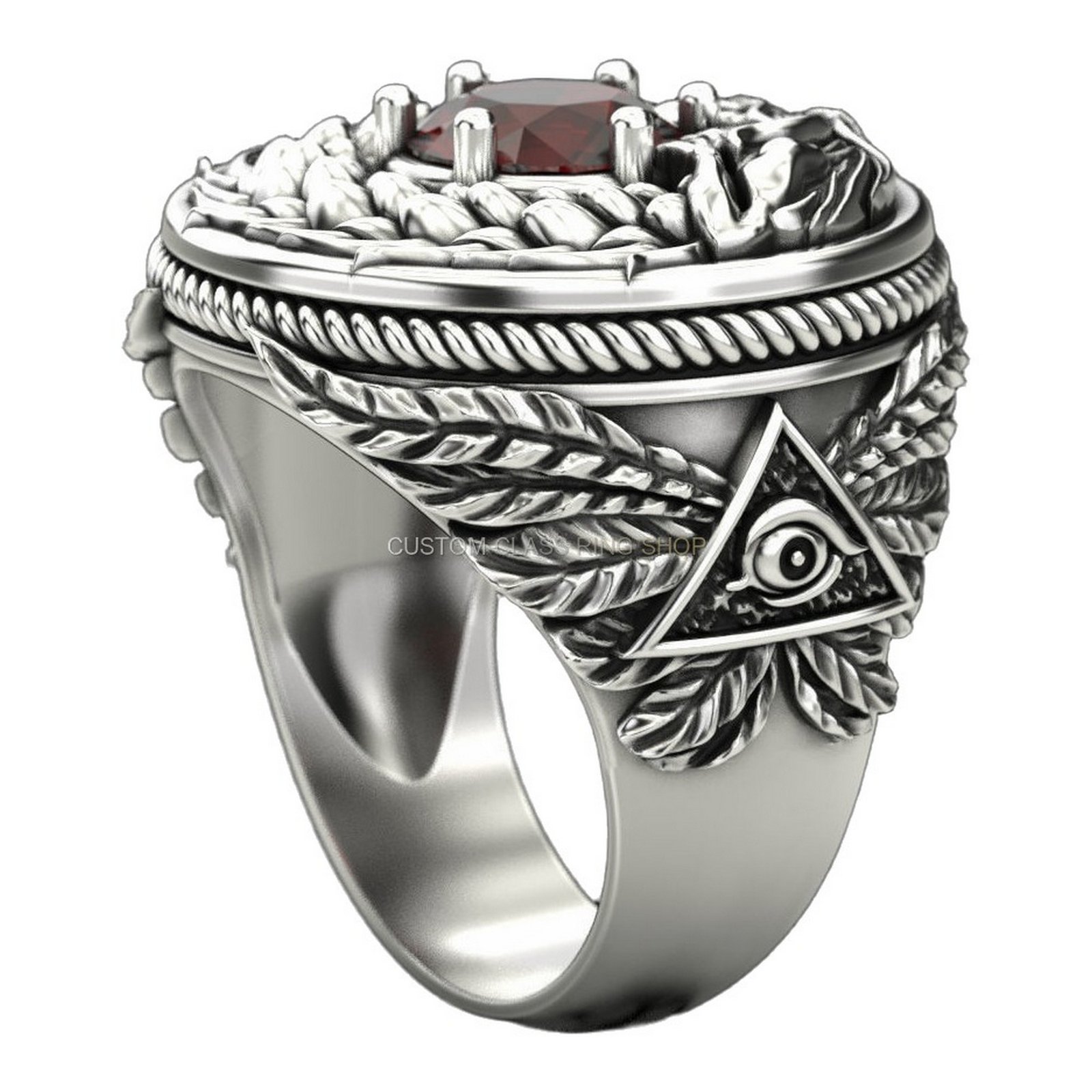 Mens sterling silver eagle wing signet ring, angled detail showing eagle wing carving
