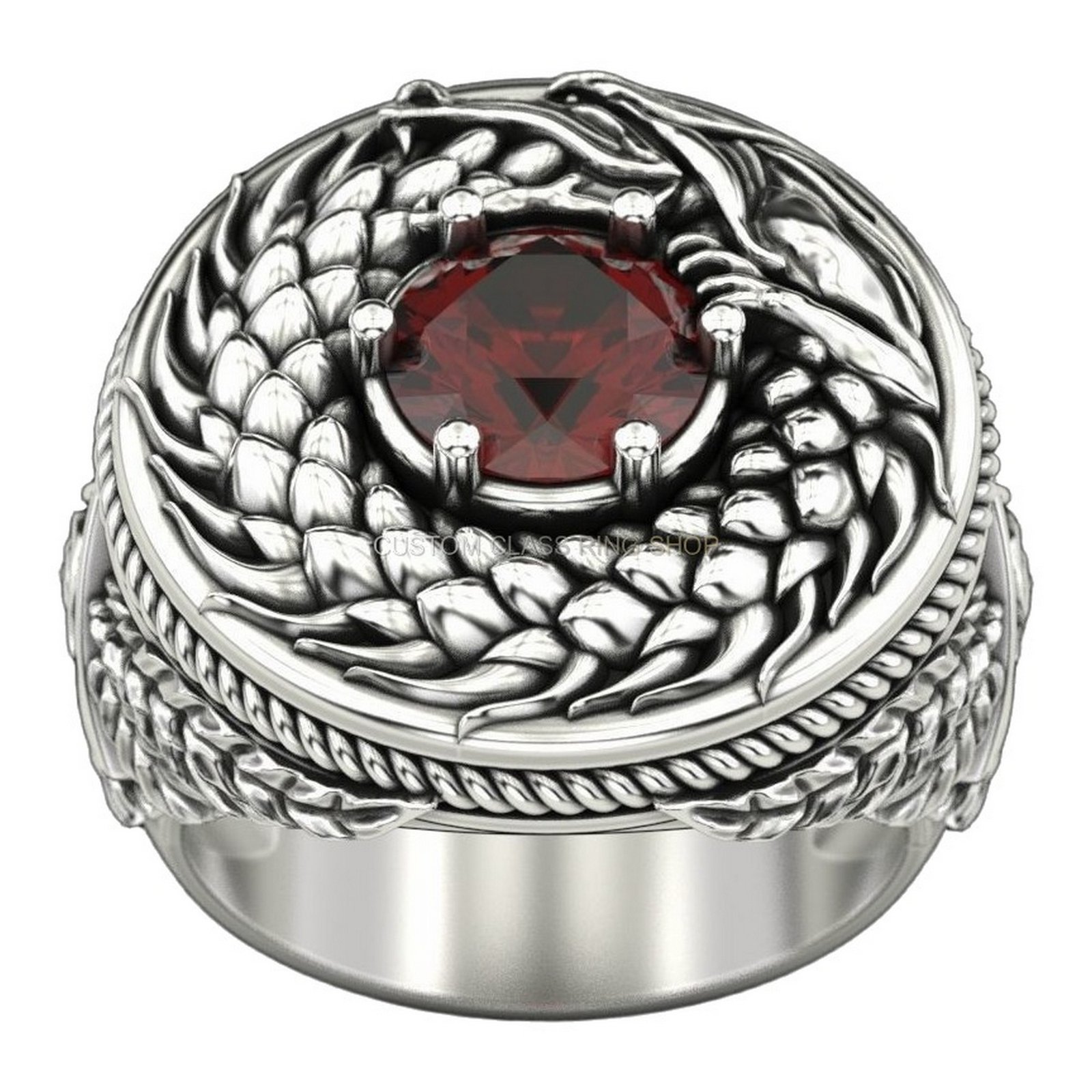 Mens sterling silver eagle wing signet ring with oxidized finish and red gemstone
