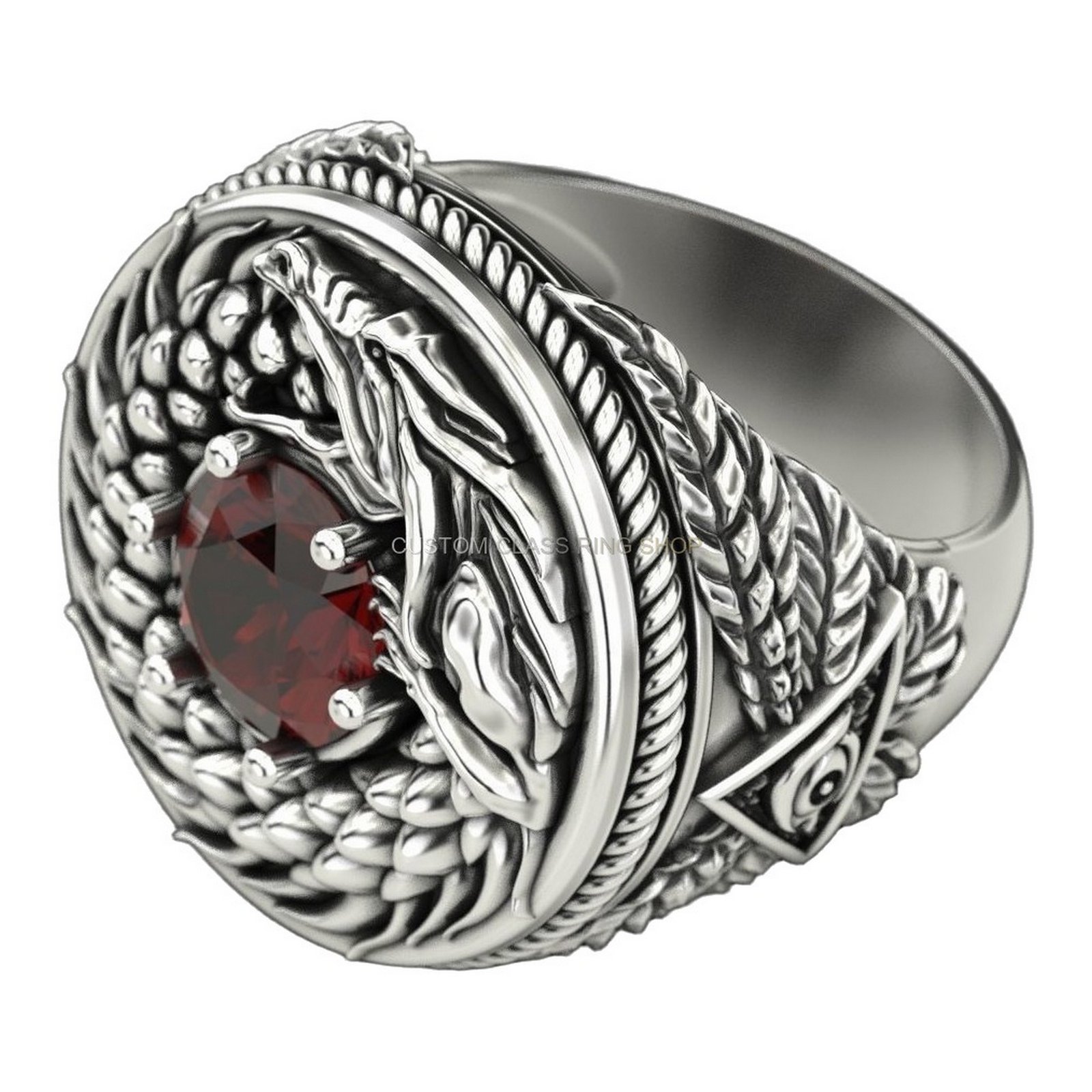 Mens sterling silver eagle wing signet ring with oxidized finish and red gemstone