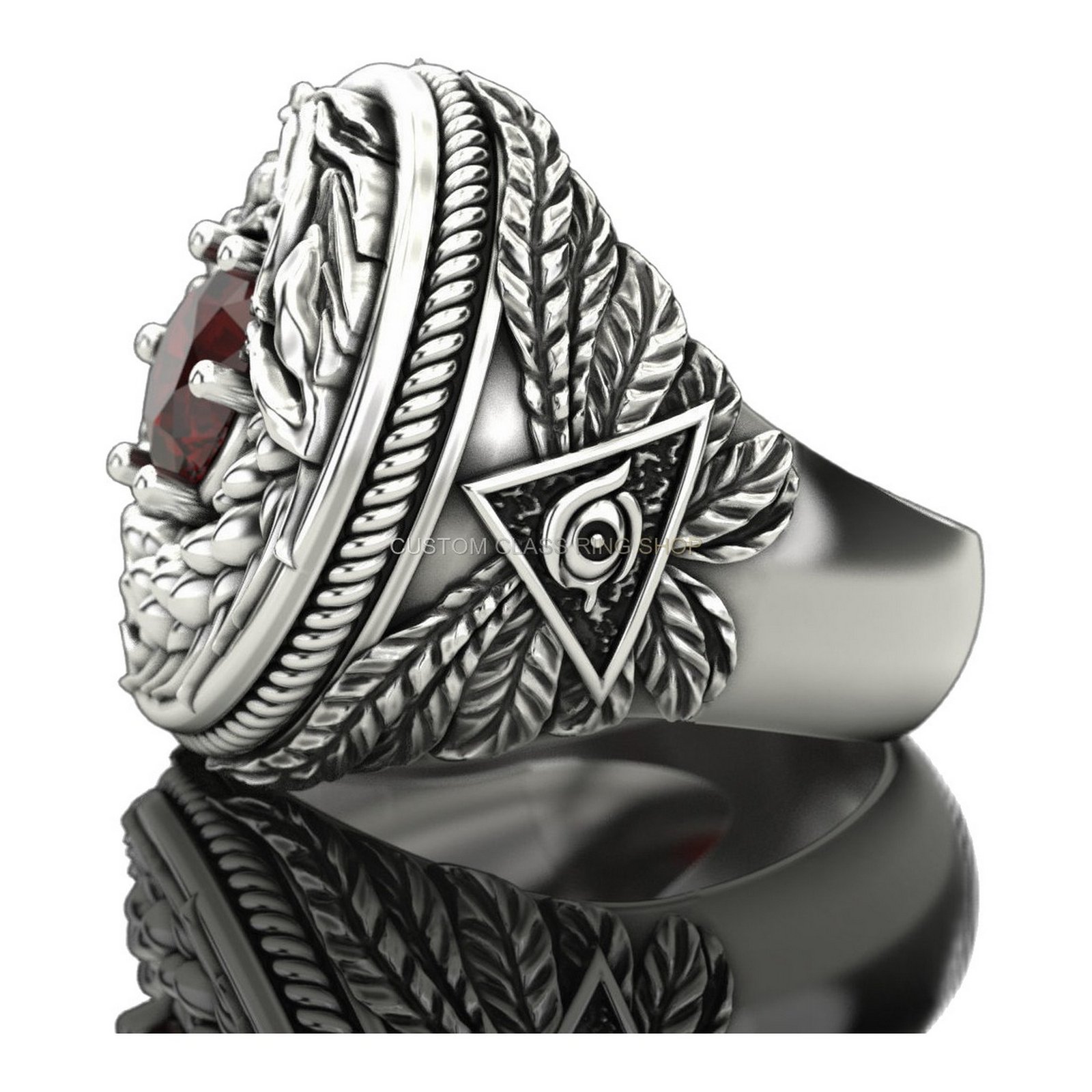 Mens sterling silver eagle wing signet ring with oxidized finish and red gemstone
