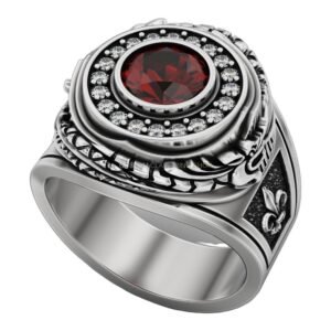 Gothic sterling silver statement ring with red gemstone and ornate beaded frame