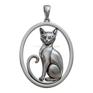 sterling silver cat pendant with curled tail, polished oval frame