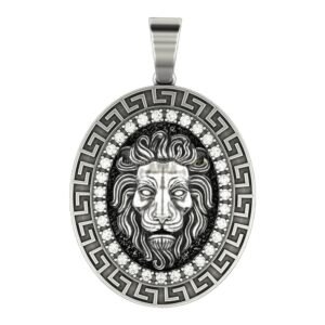 Sterling silver lion head statement pendant with Greek key border