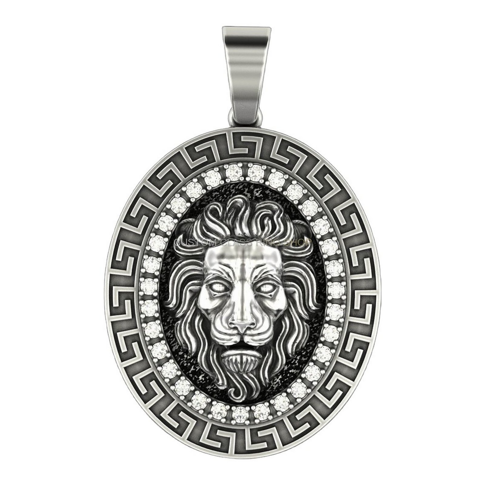 Sterling silver lion head statement pendant with Greek key border