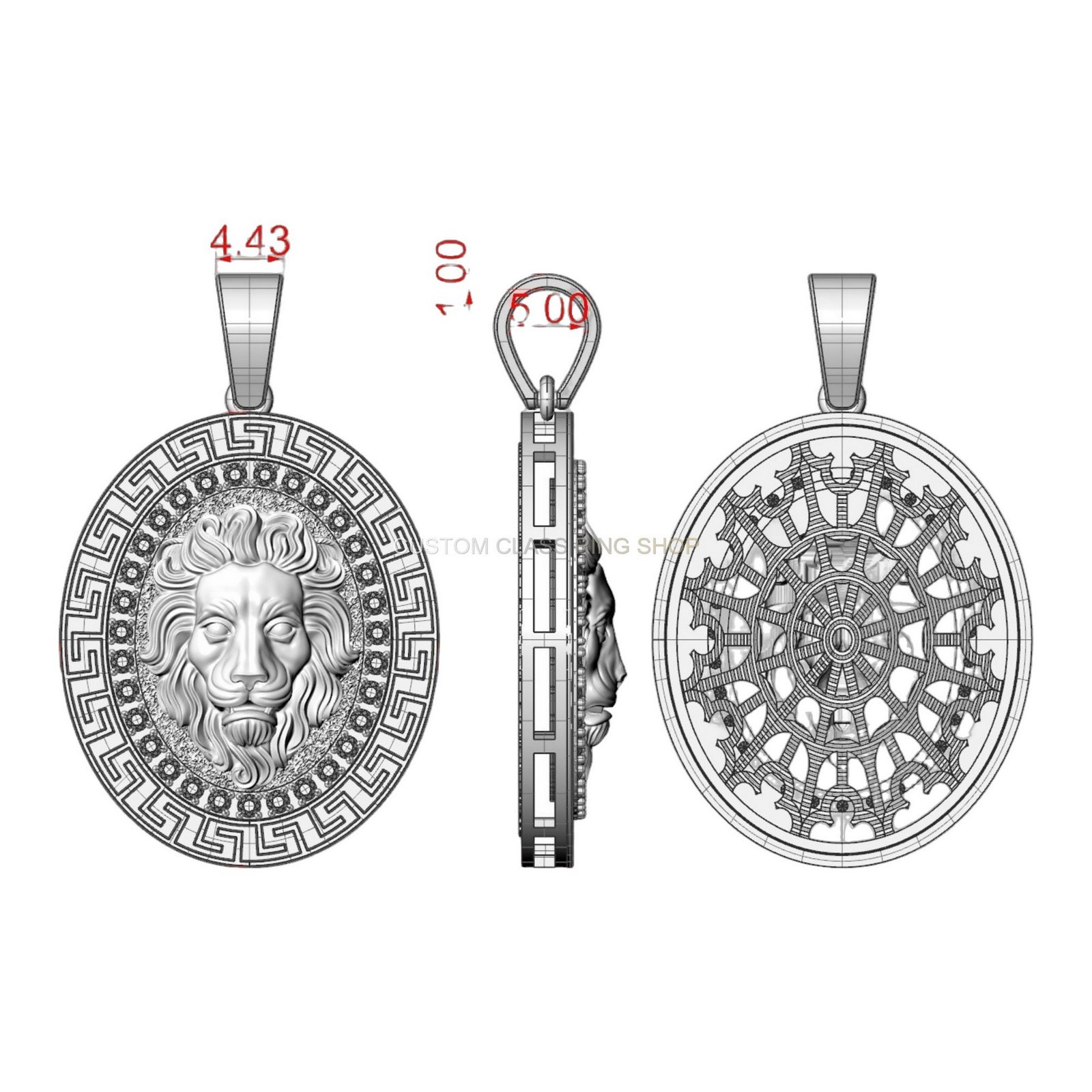 Sterling silver lion head statement pendant with Greek key border