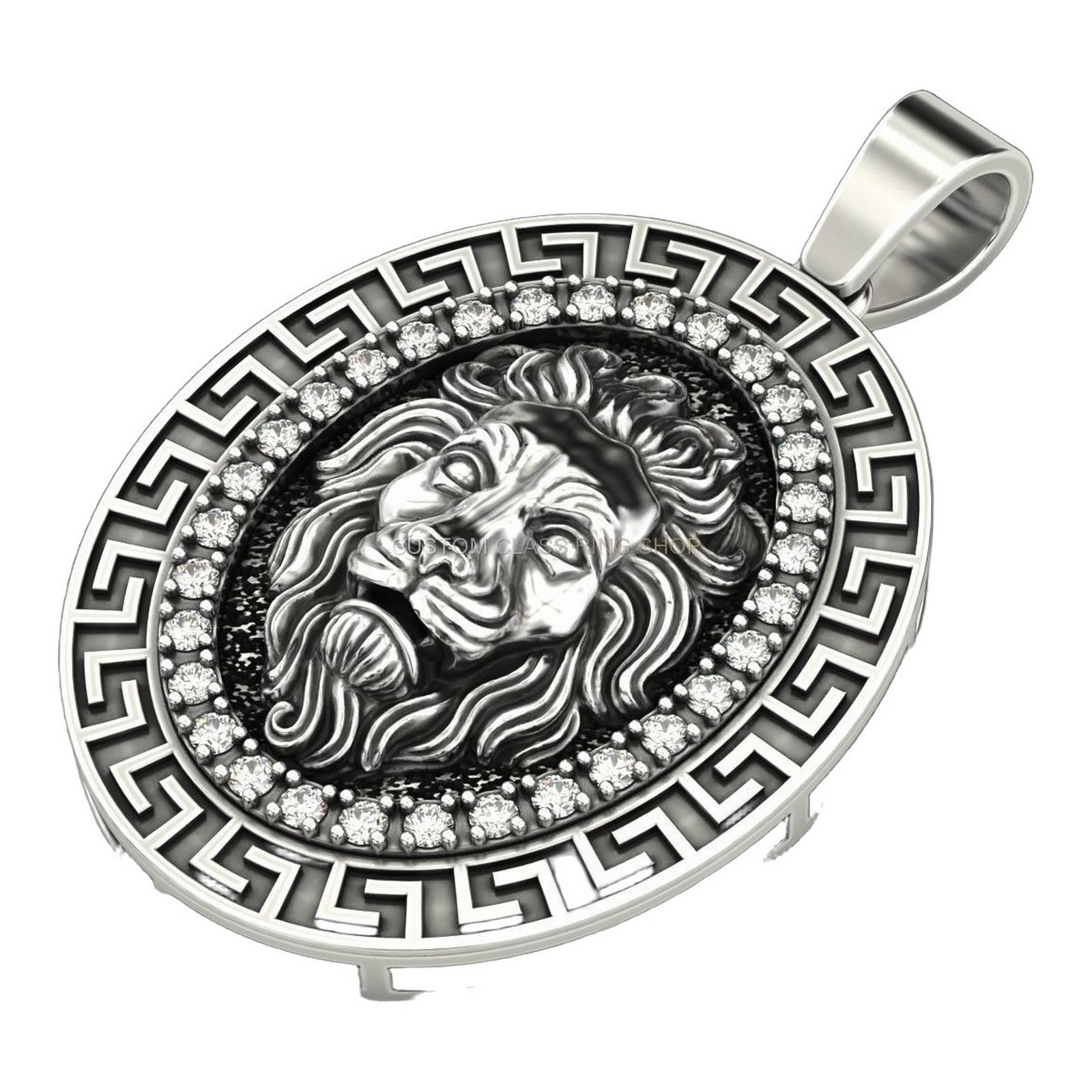 Sterling silver lion head statement pendant, angled three-quarter view