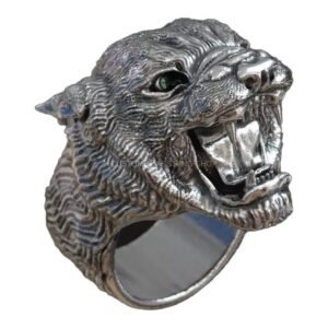 Mens sterling silver panther ring with detailed open-mouth roaring face