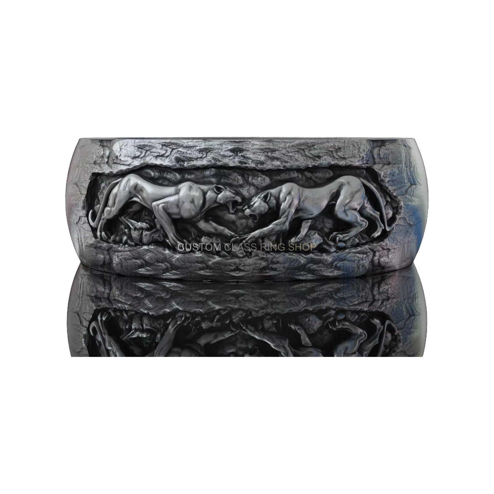 Sterling silver panthers fighting band ring, front face-on view stacked band