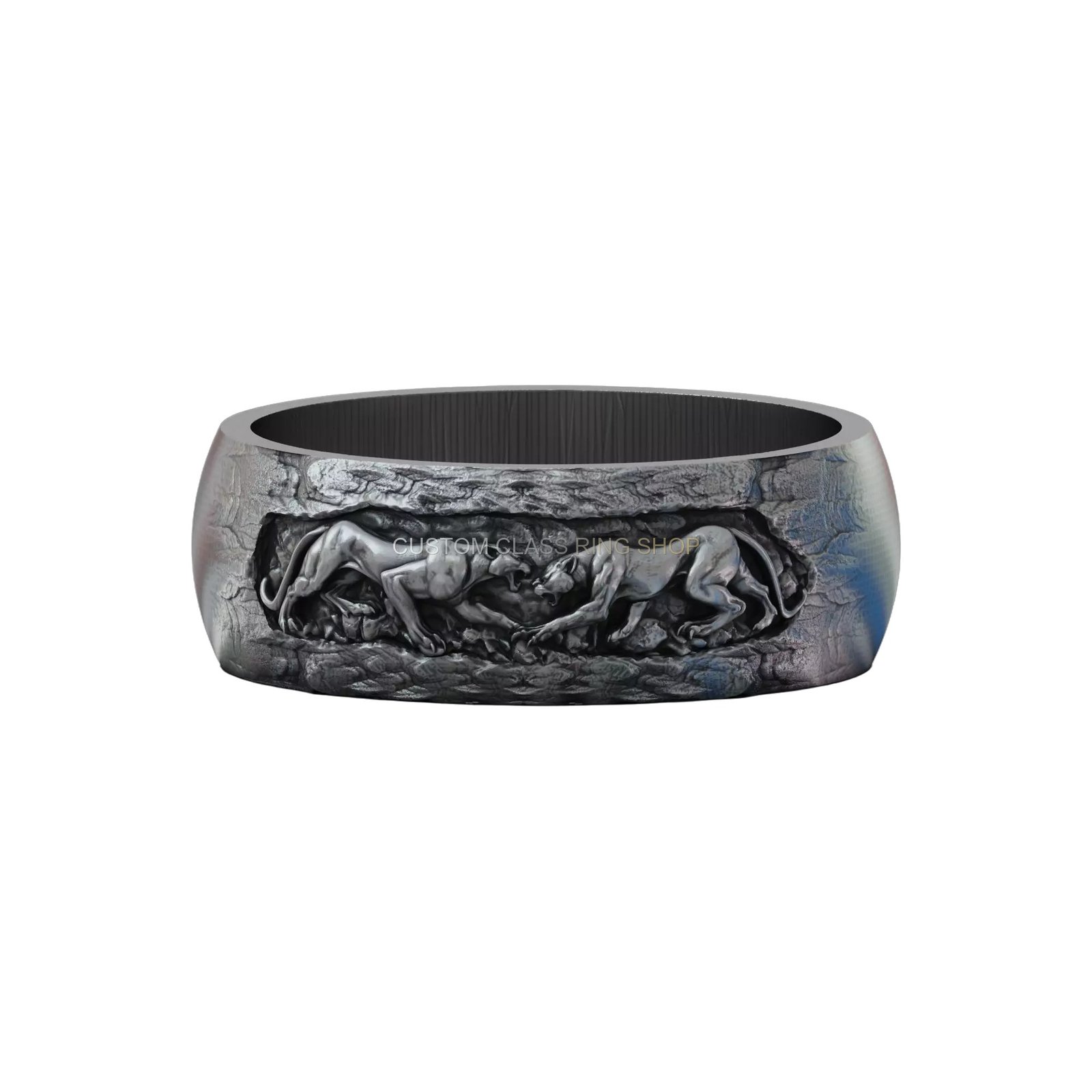 Sterling silver panthers fighting band ring, straight-on head-on view