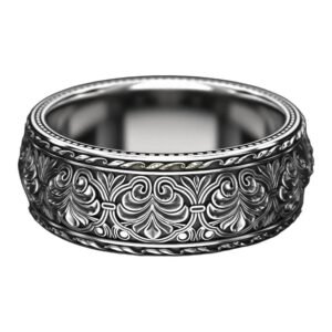 Sterling silver filigree statement ring with acanthus scrollwork and rope border