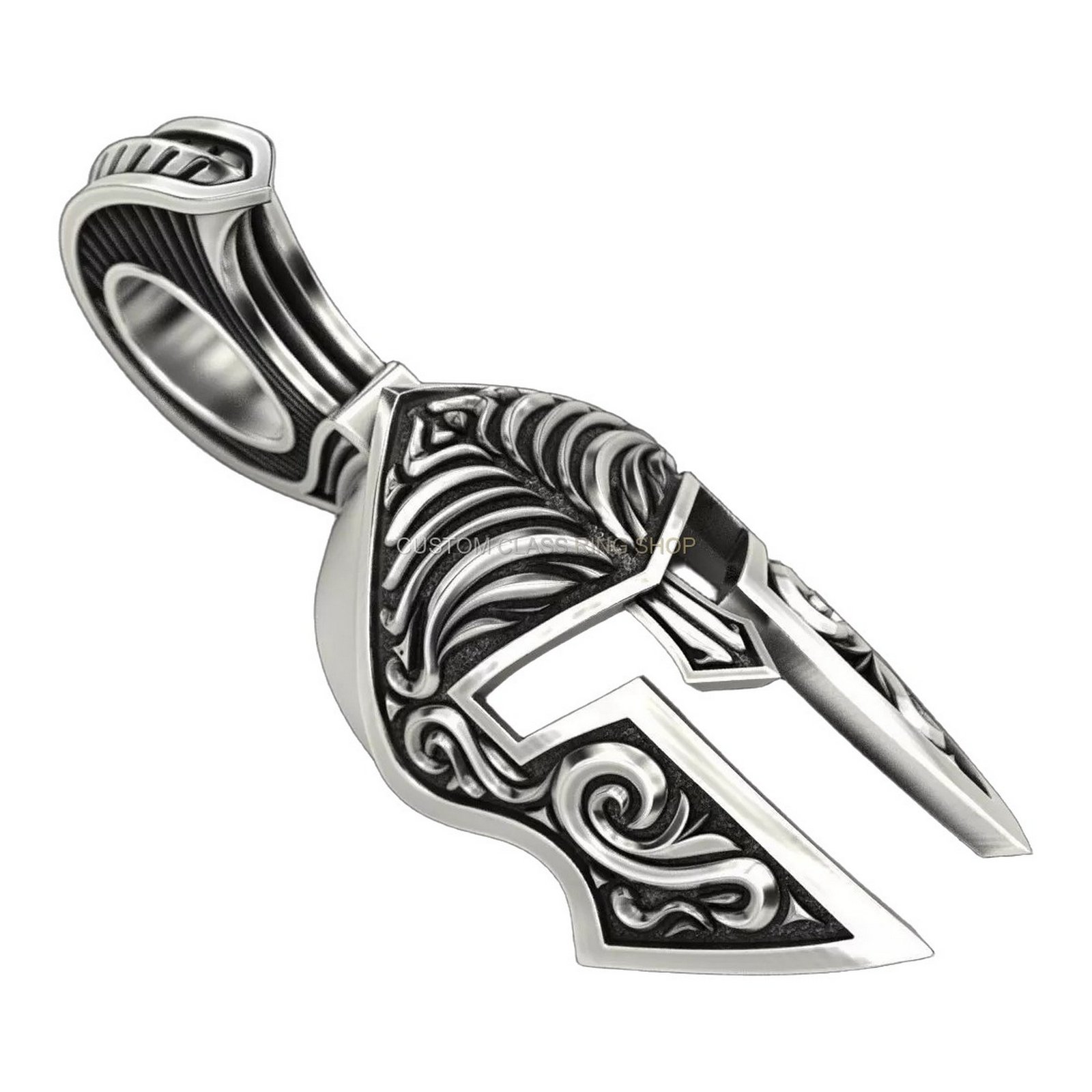 Mens sterling silver samurai helmet pendant with baroque scrollwork oxidized 925 silver