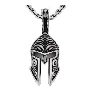Mens sterling silver samurai helmet pendant with baroque scrollwork oxidized 925 silver