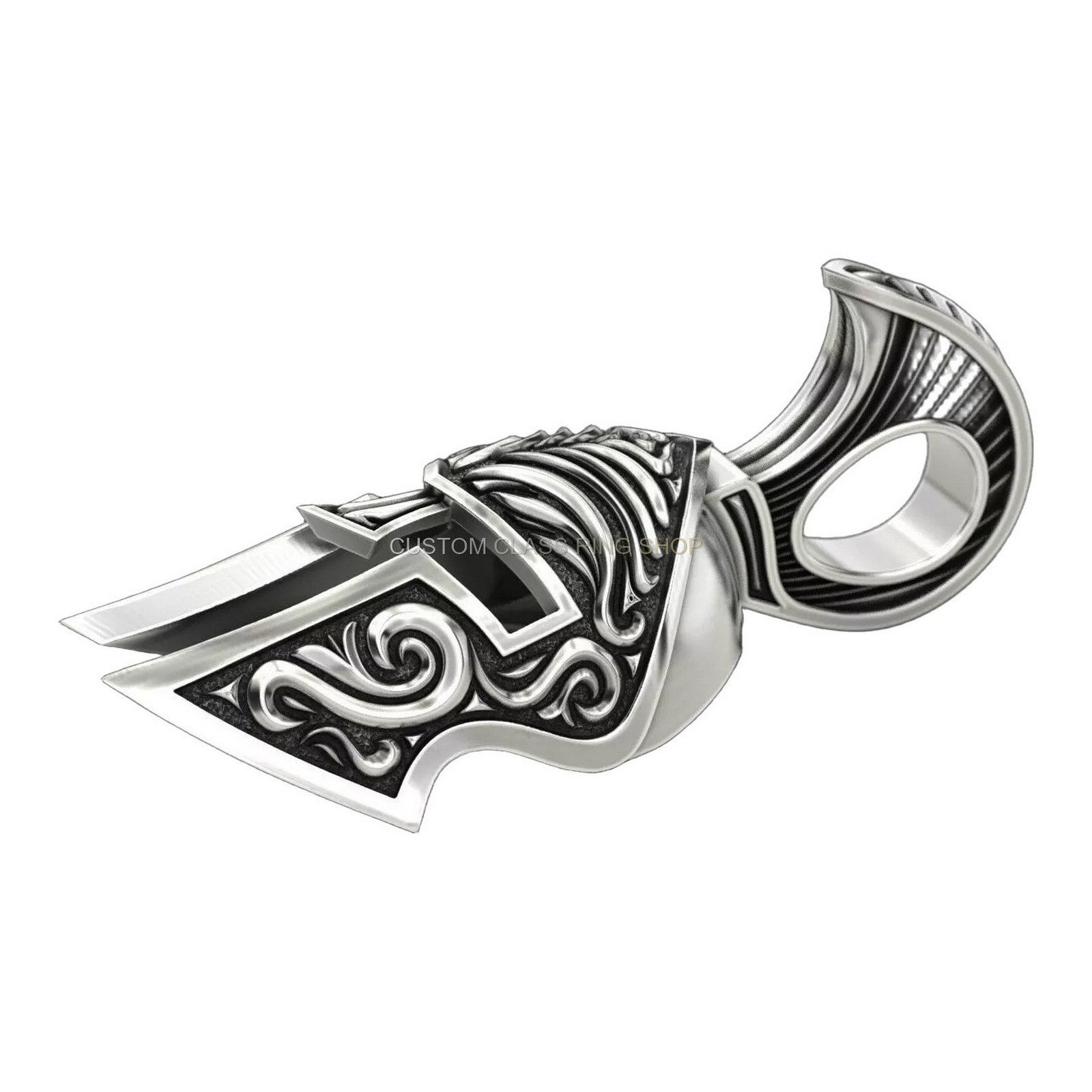 Mens sterling silver samurai helmet pendant with baroque scrollwork oxidized 925 silver