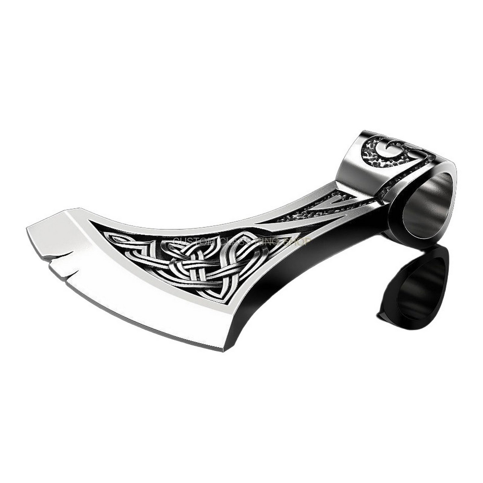 Mens sterling silver celtic axe pendant, angled three-quarter perspective