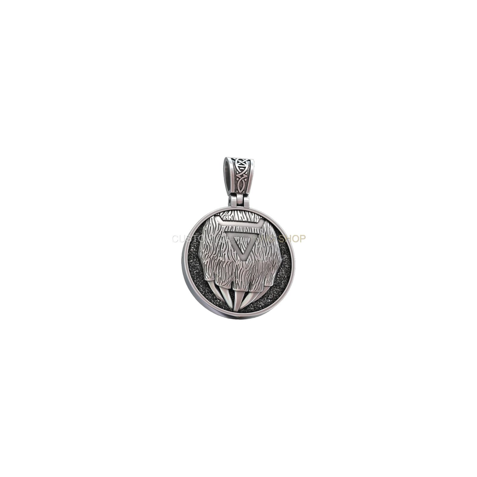 Sterling silver bear head paw pendant, detailed frontal bear face view