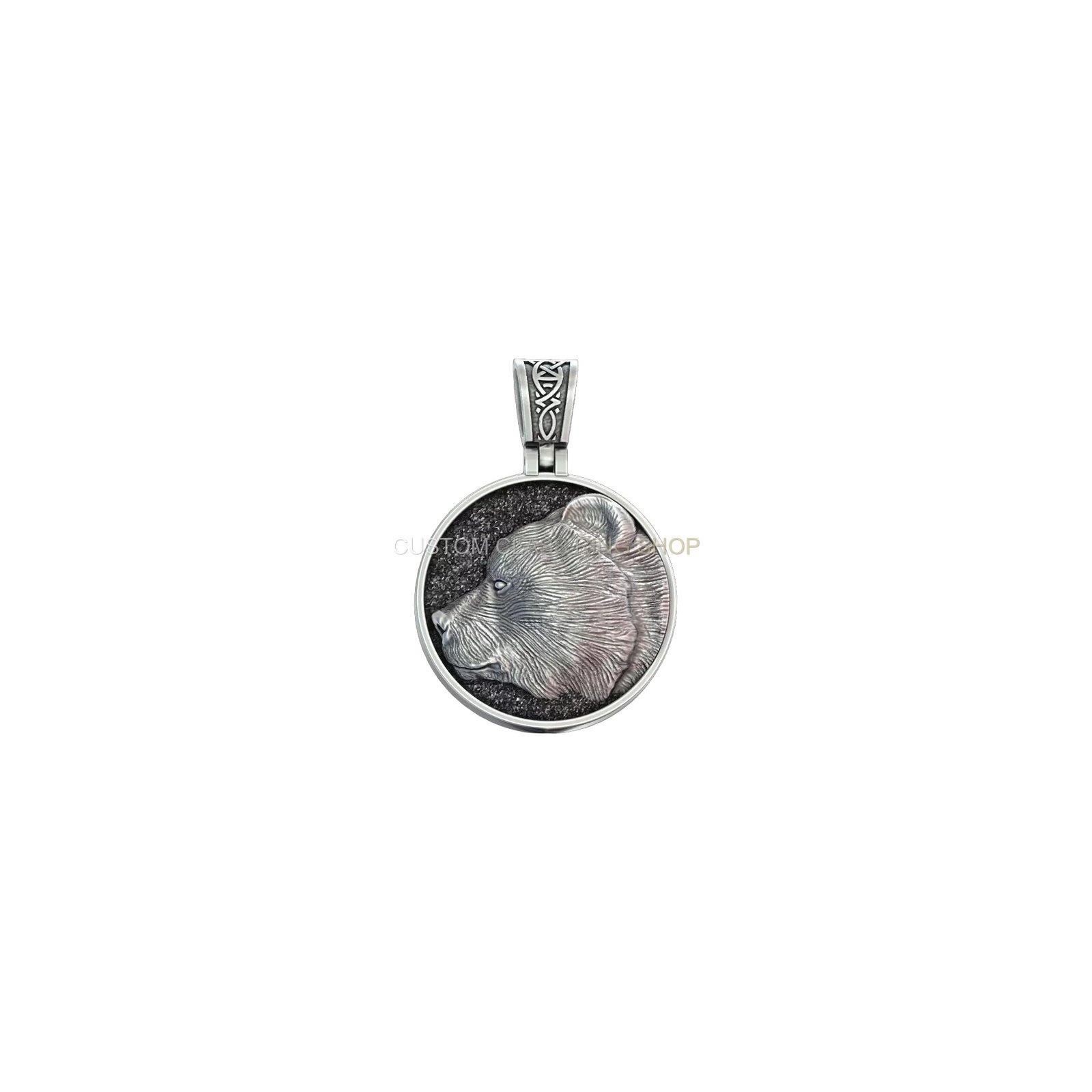 Sterling silver bear head paw pendant with Celtic knot frame, oxidized finish