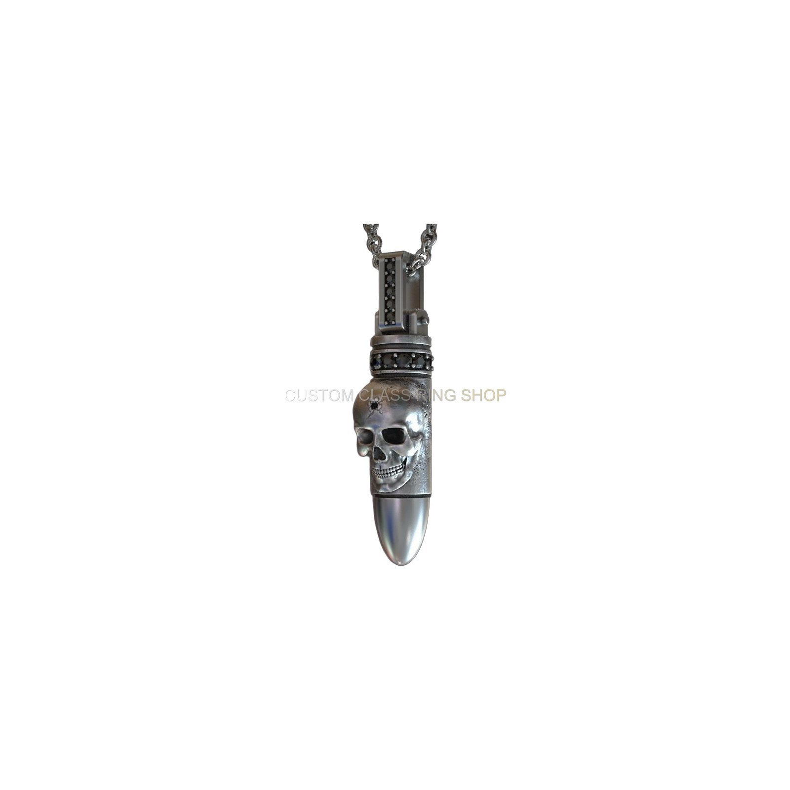 Sterling silver bullet skull pendant, angled three-quarter view