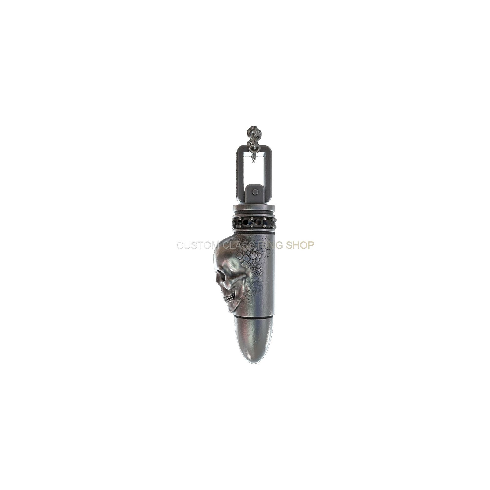 Sterling silver bullet skull pendant, angled side perspective