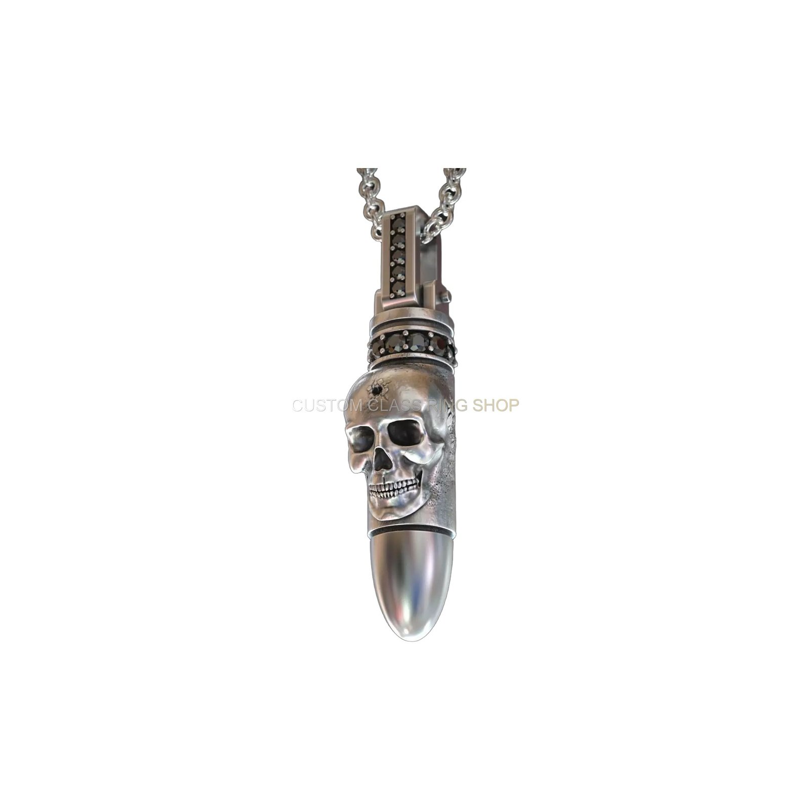 Sterling silver bullet skull pendant with beaded frame