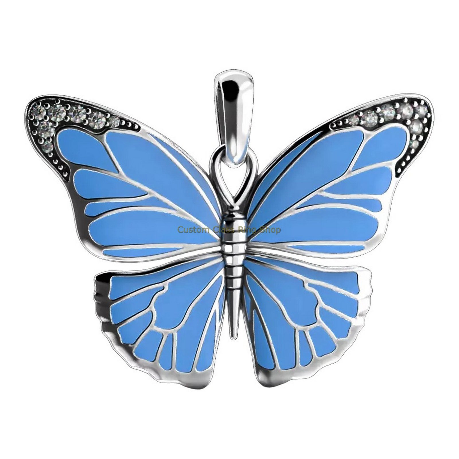 Sterling silver butterfly statement pendant, deep blue enamel butterfly variant front view