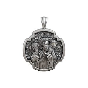 Sterling silver jesus christ lamb pendant with ornate scrollwork border