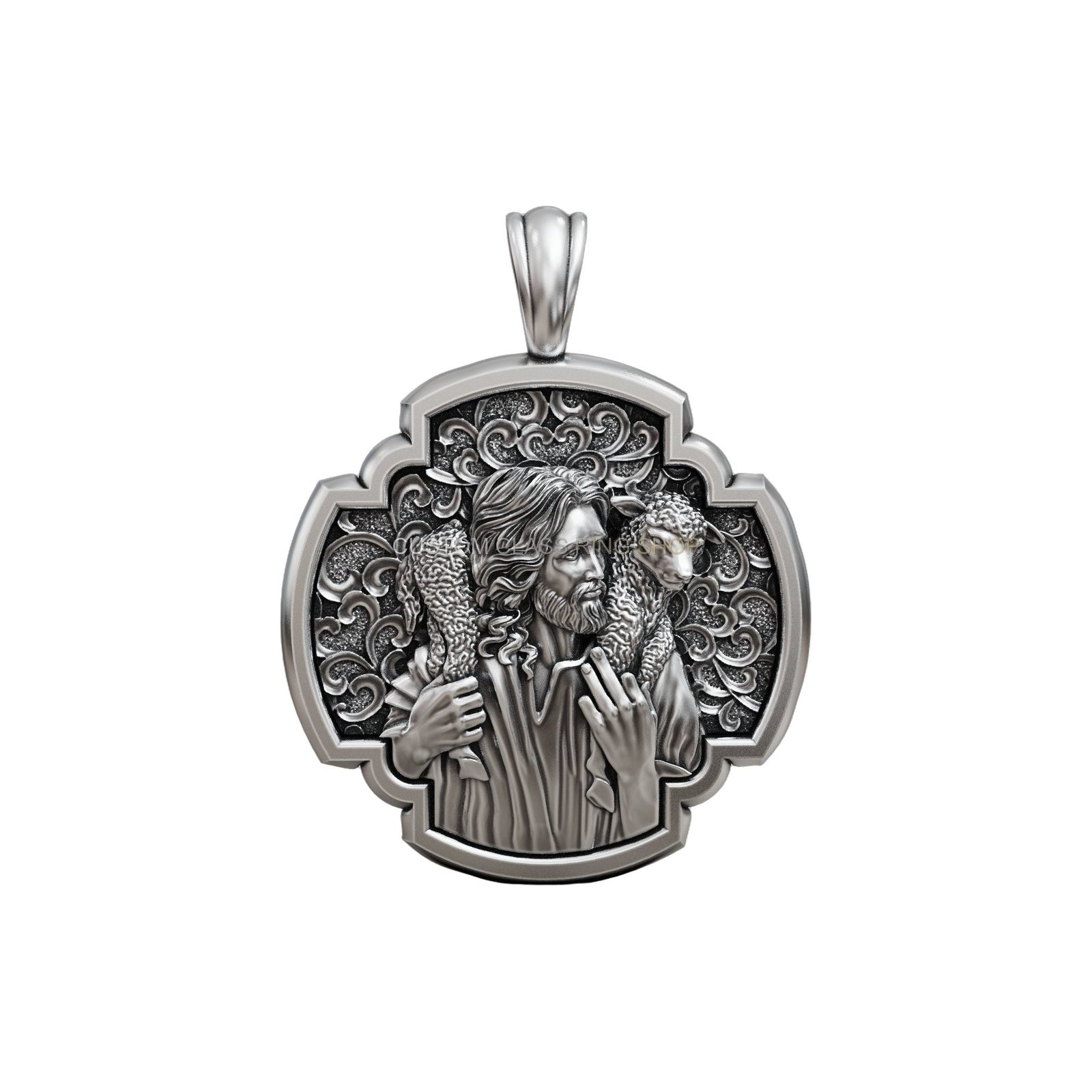 Sterling silver jesus christ lamb pendant with ornate scrollwork border