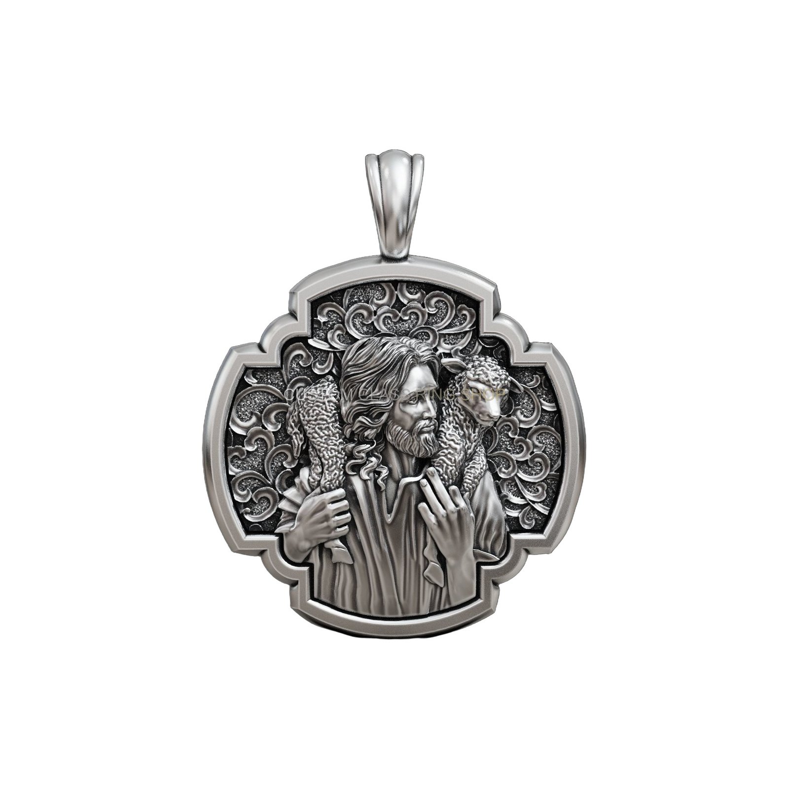 Sterling silver jesus christ lamb pendant, front face detail of design